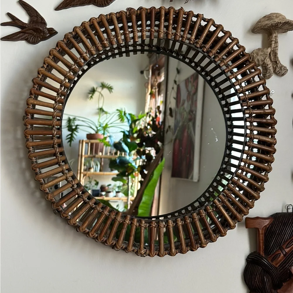 Vintage Round Rattan Wall Mirror by Umbra Matt Carr MCM Boho Brown